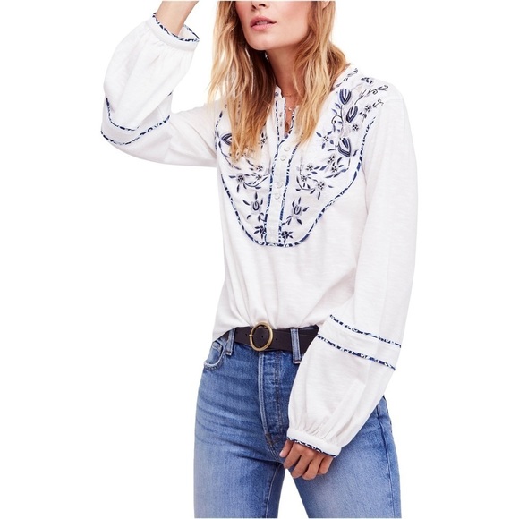 Free People Tops - Free People white western blue embroidered top size large